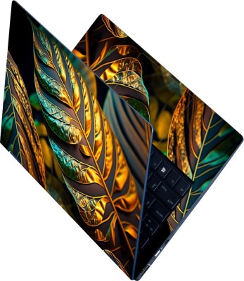 Anweshas Full Body Laptop Skin Sticker - Tropical Leaves Gold and Black Illustration Self Adhesive Vinyl Laptop Decal 15.6