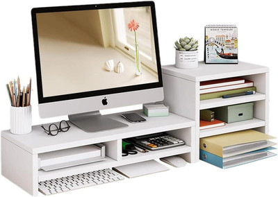 UniAart 2 Tiers Computer Monitor Riser 2 Tiers Computer Monitor Riser Wooden Desk Stand Laptop Stand Compatible with Universal Laptops(White)
