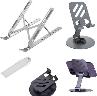 GADGETSWEAR Aluminum Laptop Stand for Desk with Adjustable Angles, Height, (Combo with 360 Degree Mobile Stand) , Laptop Accessories, Aluminium Desk Stand Rotatable Laptop Stand with Adjustable Height Compatible with 26 - 35 cm Laptops(Silver)