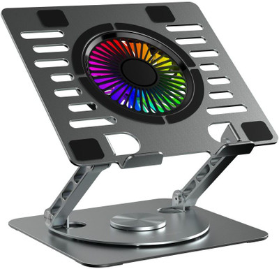 Portronics My Buddy Spinlight Portable Laptop Stand with 360° Rotating Base, 10+ RGB Customizations, Aluminium Alloy, Ventilated Board Aluminium Desk Stand Rotatable Laptop Stand with Adjustable Height Compatible with 36 - 39cm, 40 - 44cm Laptops(Silver)