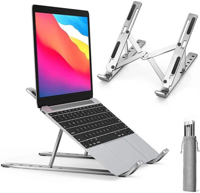 NHOUSE Aluminum 6 Adjustable Foldable Portable Laptop Stand Desktop Tablet Stand FR06 Aluminium Floor and Desk Stand Rotatable Laptop Stand with Adjustable Height Compatible with Universal Laptops(Silver)