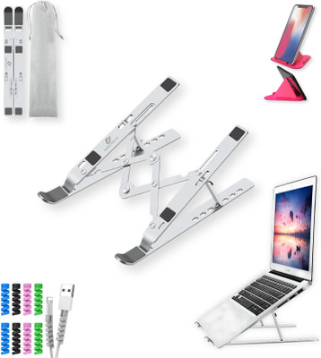 GADGETSWEAR Pro Edition Laptop Stand for Desk with 7 Adjustable Angles comes with a Mobile Stand, A Set Wire Protector and 1 Pouches Aluminium Desk Stand Laptop Stand with Adjustable Height Compatible with Universal Laptops(Grey)