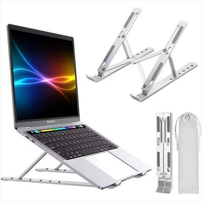 NHOUSE Aluminum 6 Adjustable Foldable Portable Laptop Stand Desktop Tablet Stand Aluminium Desk Stand Rotatable Laptop Stand Compatible with Universal Laptops Aluminium Floor and Desk Stand Laptop Stand with Adjustable Height Compatible with Universal Laptops(Silver)
