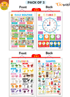GO WOO Packof2|2IN1DAILY ROUTINE&TIME&2IN1 COLOURS&SHAPESCharts(Pink)