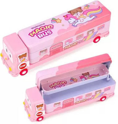 Just craft Metal Pencil Box, Pencil Box Art, Magic Bus Shape with Rotating Wheels (Pink)(Pink)