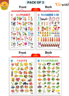 GO WOO Pack of 2|2 IN 1 ALPHABET AND NUMBER 1-10 and 2 IN 1 FRUITS AND VEGETABLESCharts(Black)