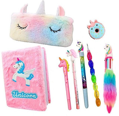 AAPEFLEX Unicorn Combo 8 Pcs Fur Diary/Fur Pouch/Pen/Pencil/Eraser/Fur Pen Gift Set