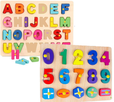 SHALAFI PackOf2 Wooden Alphabets & Numbers Puzzle in Shape Toys Game Math Counting Board(Beige, Multicolor)