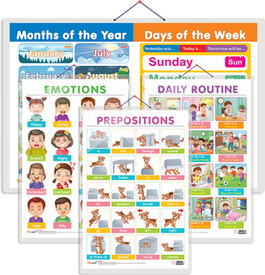 GO WOO Pack of 4 MONTHS OF THE YEAR, EMOTIONS, DAILY ROUTINE and PREPOSITIONSCharts(Green)