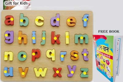 SHALAFI Wooden Small Alphabet Letters Learning Educational Puzzle Toy for Kids+3in1 Book(Beige, Multicolor)