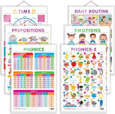 GO WOO Pack of6TIME,EMOTIONS,DAILYROUTINE,PREPOSITIONS,PHONICS- 1 and PHONICS - 2charts(Silver)