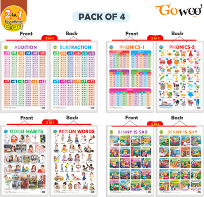 GO WOO Pack of 4 GOODHABIT&ACTIONWORDSADDITION&SUBTRACTION PHONICS 1&PHONICS 2 and more(Pink)