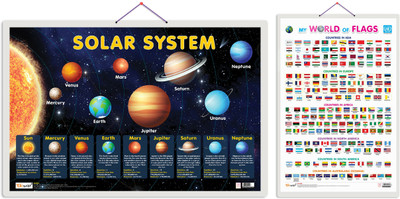 GO WOO Pack of 2 Solar System and My World of Flags Educational charts(Beige)