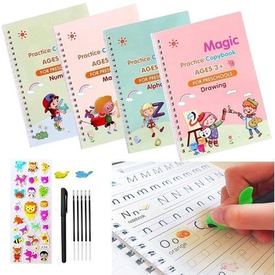 Magic Practice Copybook For Kids - The Print Handwiriting Workbook-Reusable Writing Practice Book SANK Re-Usable MAGIC BOOK Magical Handwriting Workbooks Practice Copybook For Pre-School Kids, (4 BOOK + 1 Pen + 10 REFILL) Number Tracing Book, Drawing, Alphabet And Math Exercise For Preschoolers With