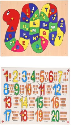 jaraglobal Wooden Super Combo English Capital Alphabet Letters in Snake Style ( A to Z ) & 1 to 20 Counting Numbers in Wooden Puzzle Board with Knob. Educational Toys for Kids, English Learning Games for 2+ Years for Boys & Girls Multicolor (46 Pieces)(Multicolor)