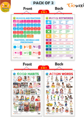 GO WOO Packof2|2IN1NUMBER&FRACTIONS AND MATHS KEYWORDS& GOODHABITS&ACTIONWORDSCharts(Beige)