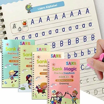 Magic Practice Copy Books Set Of 4 Magic Writing & Drawing Books Kit SANK Re-Usable MAGIC BOOK Magical Handwriting Workbooks Practice Copybook For Pre-School Kids, (4 BOOK + 1 Pen + 10 REFILL) Number Tracing Book, Drawing, Alphabet And Math Exercise For Preschoolers With Pen, English Magic Books For