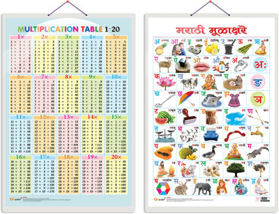 GO WOO Pack of 2 Multiplication Table 1-20 and Marathi Varnamala Educational charts(Orange)