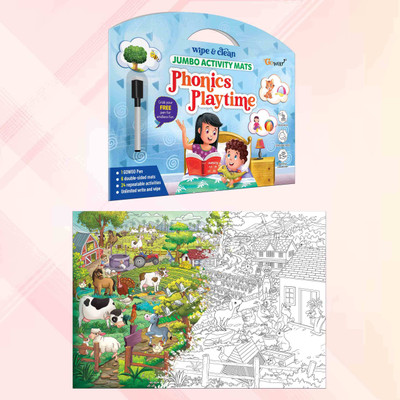 GO WOO PHONICS PLAYTIME and GIANT AT THE FARM COLOURING POSTER | combo of 2(Multicolor)