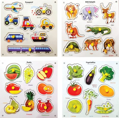 Khilonewale Set Of 4 Wooden Puzzles ~ Transports, Animals, Fruits, Vegetables(Multicolor)