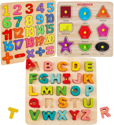 SHALAFI 3Pcs Wooden 1to20 Counting,Capital ABC and Geometric Shapes Matching Toys Puzzle(Multicolor)