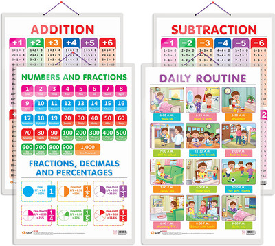 GO WOO Pack of 4 SUBTRACTION, ADDITION, NUMBERS AND FRACTIONS and DAILY ROUTINE Charts(Maroon)