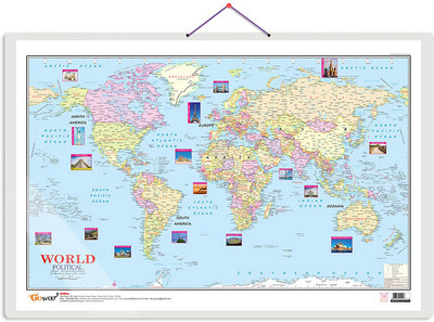 GO WOO World Political Map Charts with Big font and Dust resistant Lamination(Blue)