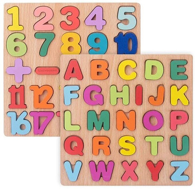 PRIVATECAVE 3D Wooden Capital & Small Alphabet Along with Number Board Puzzles, Set of 3(Multicolor)