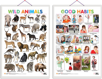 GO WOO Pack of 2 Wild Animals and Good Habits Educational charts Lamination(Brown)