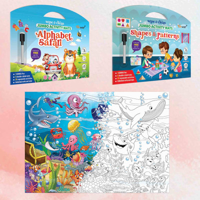 GO WOO Alphabet Safari, Shapes & Patterns mats,& Giant Under the Ocean Colouring Poster(Multicolor)