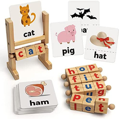 KIDOLOGY Wooden Reading Blocks, Spelling Games & Flash Cards - Montessori Alphabet Toy(Multicolor)