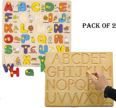 SHALAFI PackOf2 Wooden Alphabet Puzzle ABC Capital Letters Learning Toys Tracing Board(Beige, Multicolor)