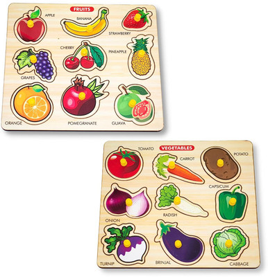 SHALAFI Wooden Fruits & Vegetables Name Matching Peg Puzzle Board Learning Toys PackOf2(Multicolor)