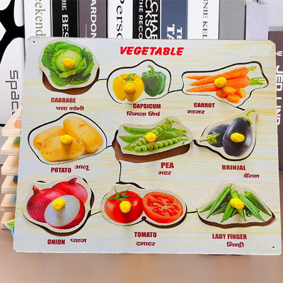 PopPlop Wooden Colorful Vegetables Name Board for Kids with Knobs Perfect pegged Puzzles(Multicolor)