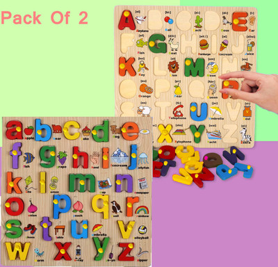 SHALAFI Combo Wooden Capital and Small Alphabet Puzzle Board with Pictures Learning toys(Beige, Multicolor)