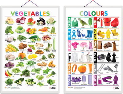 GO WOO Pack of 2 Vegetables and Colours Educational charts with Lamination(White)
