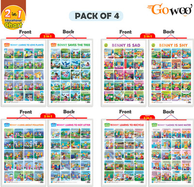 Gift Pack Of 4 | 2 IN 1 BENNY IS SAD AND BENNY IS SHY, 2 IN 1 BENNY LEARNS TO LOVE PLANTS AND BENNY SAVES THE TREE, 2 IN 1 BENNY LEARNS ABOUT POLLUTION AND BENNY LEARNS NOT TO LITTER And 2 IN 1 BENNY LEARNS TO RECYCLE AND BENNY TEACHES TO SAVE WATER Charts | Wall Posters For Room Decor High Quality 