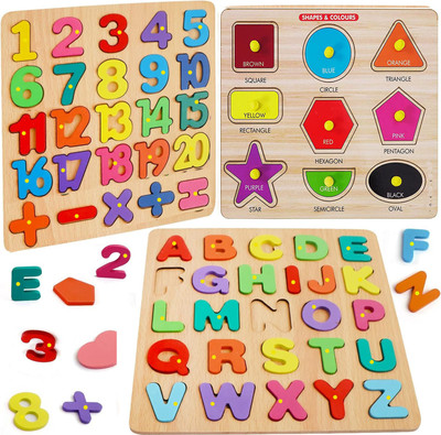 SHALAFI 3Pcs Wooden Alphabets, 1to20 Counting and Geomatric Shapes Matching Toys Puzzles(Multicolor)