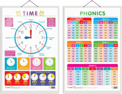 GO WOO Pack of 2 TIME and PHONICS - 1 Educational charts(Multicolor)