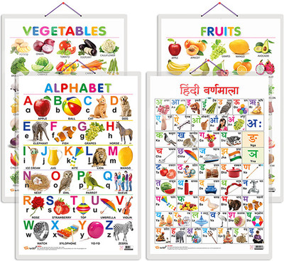 GO WOO Pack of 4 Alphabet, Fruits, Vegetables and Hindi Varnamala charts(Silver)