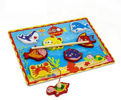 KTRS Wooden Magnetic Fishing Sea Animals Cartoon Shape Game Educational Non Toxic Eco(Multicolor)
