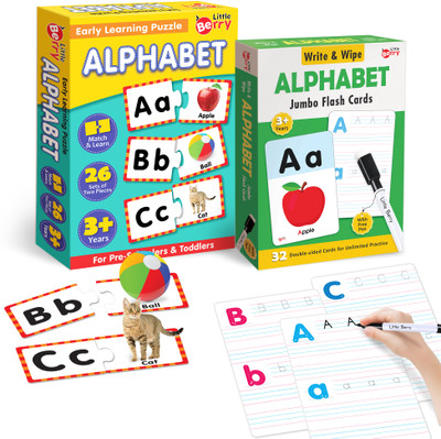 Little Berry Alphabet Learning Puzzle (52 Pcs) & Flash Cards for Kids (32 Write & Wipe Cards)(Multicolor)
