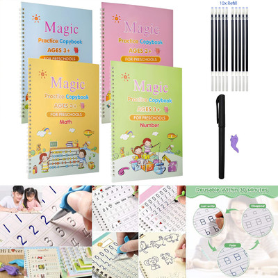 SANK Re-Usable MAGIC BOOK Magical Handwriting Workbooks Practice Copybook For Pre-School Kids, (4 BOOK + 1 Pen + 10 REFILL) Number Tracing Book, Drawing, Alphabet And Math Exercise For Preschoolers With Pen, English Magic Books For Kids Reusable Writing Magic Calligraphy Copybook Set Practical Reusa