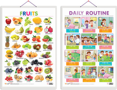 GO WOO Pack of 2 Fruits and DAILY ROUTINE Educational charts with Lamination(Purple)