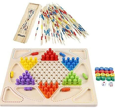 TRU TOYS Wooden Frame Chinese Checkers + 2 In 1 Ludo + Mikado Stick Combo Set Board Games Strategy & War Board Game
