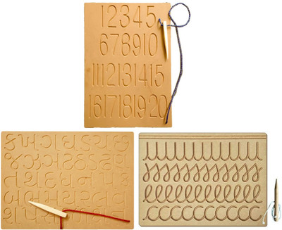 REWASHREE CRAFT WORLD Wooden Tracing Board Pencil Slates Number, Gujarati Varnamala & Multi Pattern(Brown)