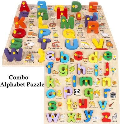 SHALAFI Wooden Alphabet Puzzle Game ABC Capital&Small Letters Learning Board toys combo(Beige, Multicolor)