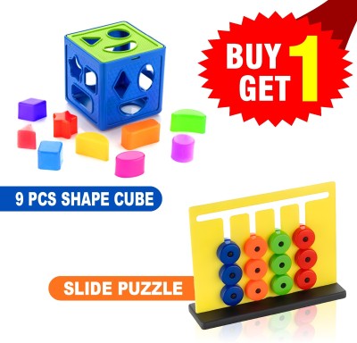 Toy DEKHO Buy 1 Get 1 Combo (Shape Sorter Cube 9 Pcs Toy & Slide Puzzles Game)(Multicolor)