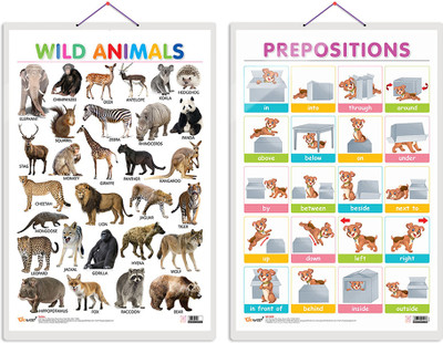 GO WOO Pack of 2 Wild Animals and PREPOSITIONS Educational charts with Lamination(Purple)