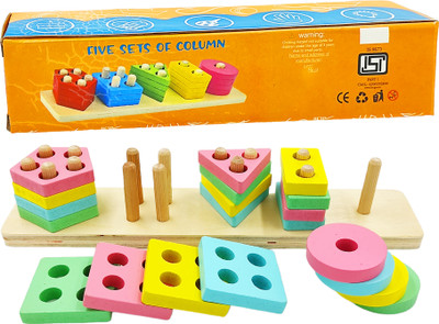 poksi Wooden Geometric Shape Matching 5 Column Blocks Educational Toy(Multicolor)